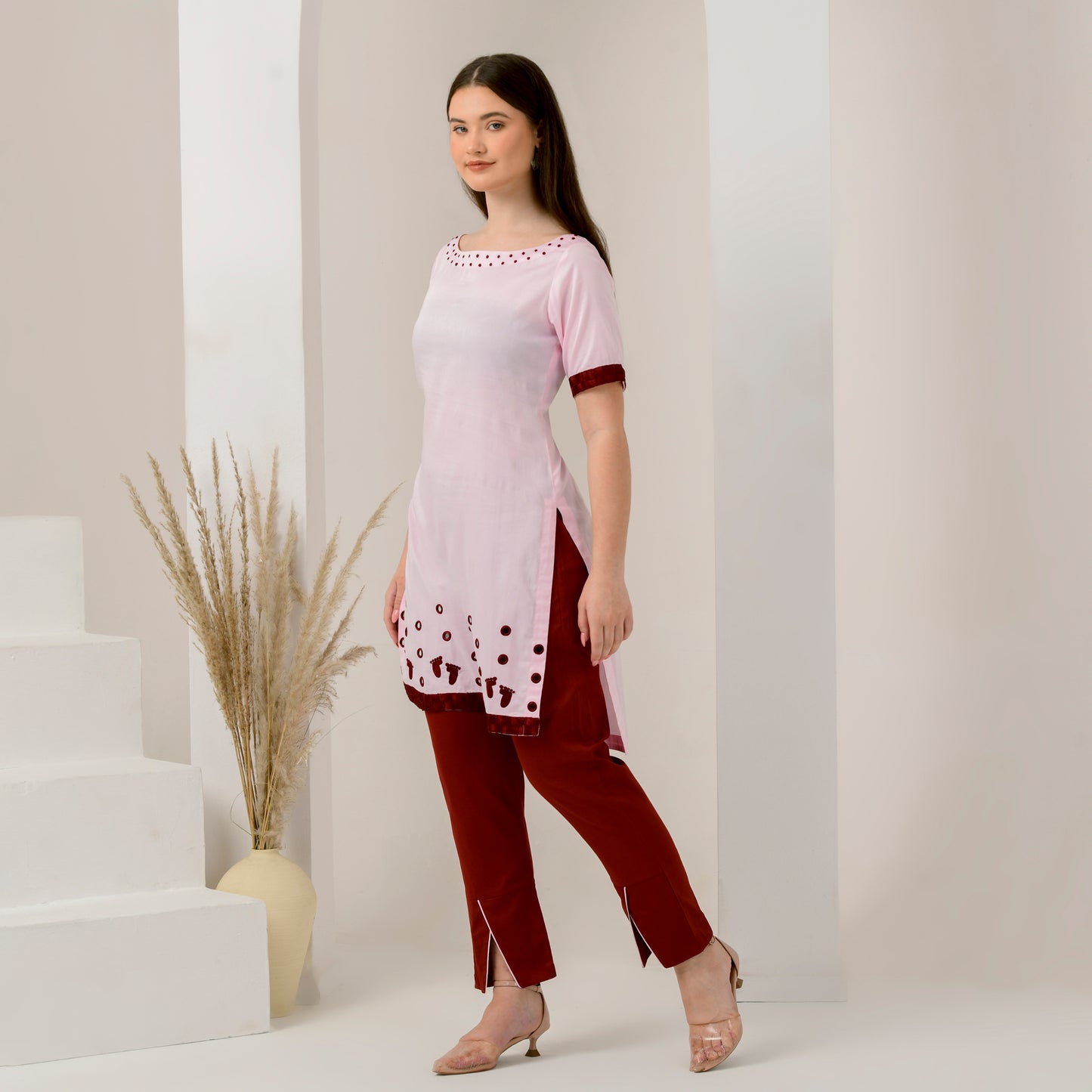 Pink and Red Hand Embroidered High-Low Kurta and Straight Trouser Set