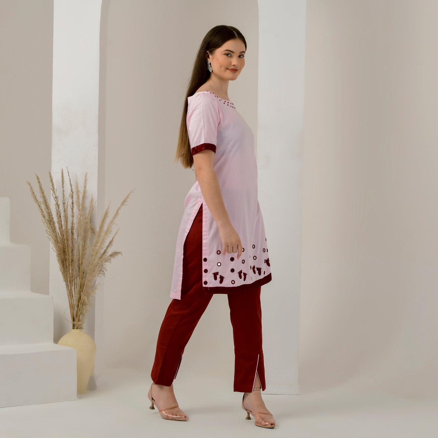 Pink and Red Hand Embroidered High-Low Kurta and Straight Trouser Set