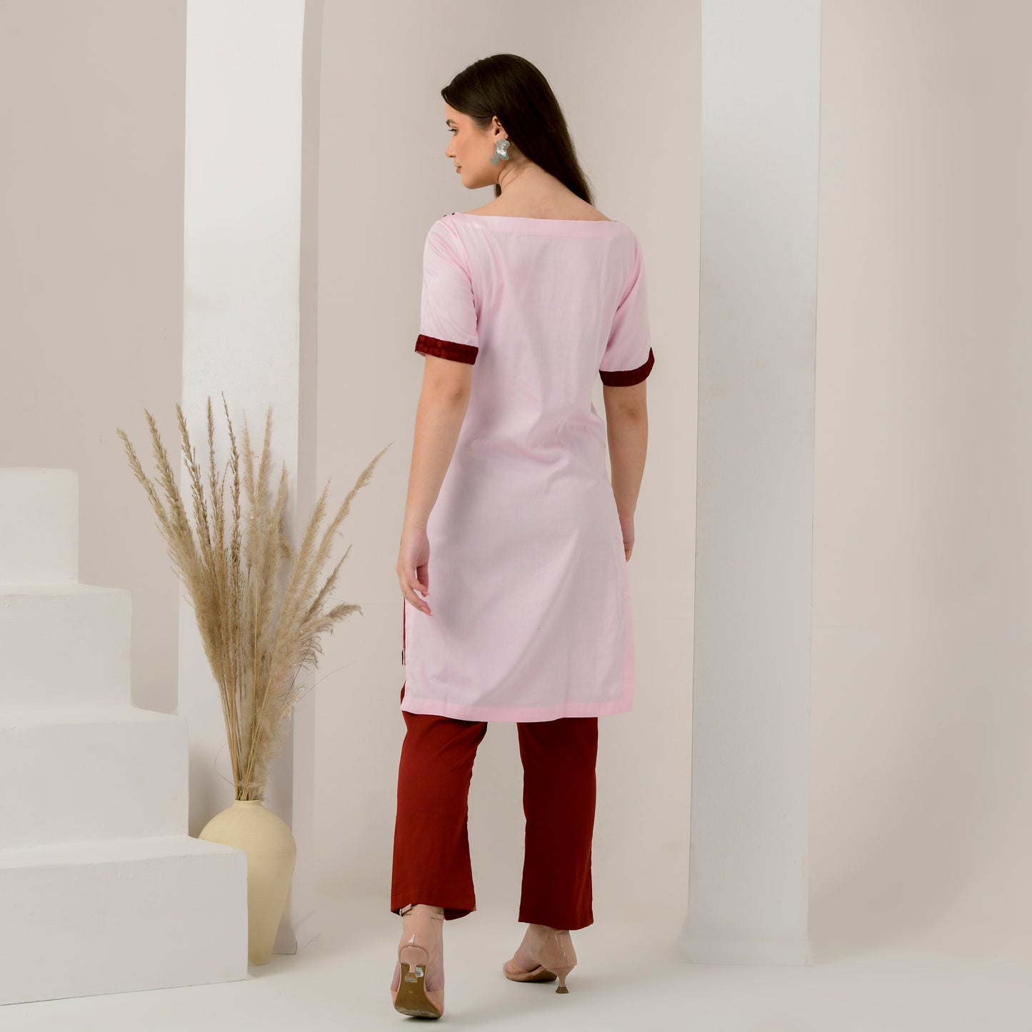 Pink and Red Hand Embroidered High-Low Kurta and Straight Trouser Set