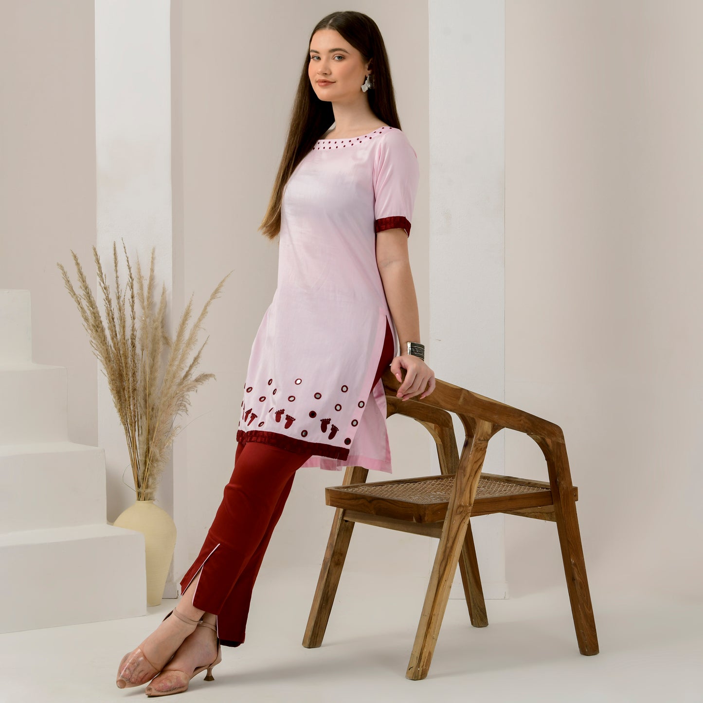 Pink and Red Hand Embroidered High-Low Kurta and Straight Trouser Set