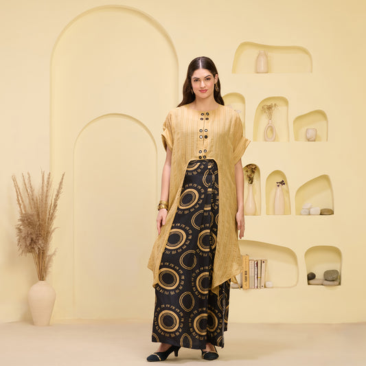 Black and Golden Hand Embroidered Cover-Up and Crop Top with Maa Print Full Length Skirt Set