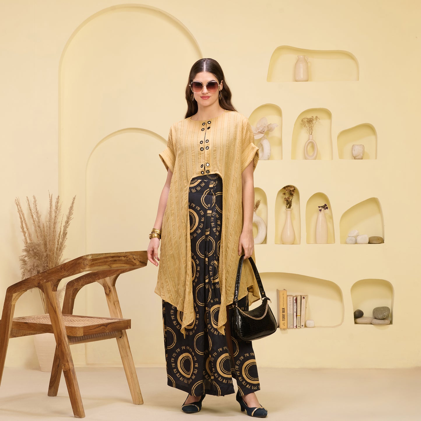 Black and Golden Hand Embroidered Cover-Up and Crop Top with Maa Print Full Length Skirt Set