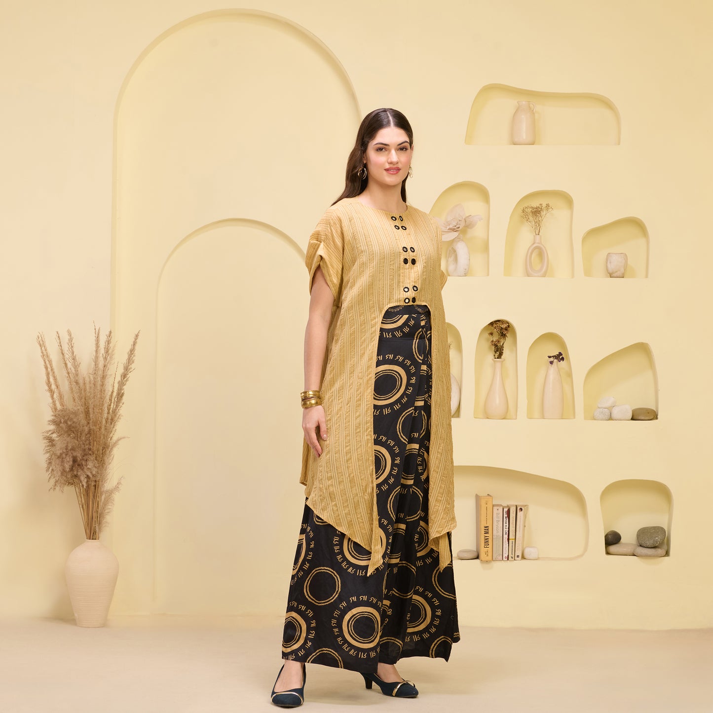 Black and Golden Hand Embroidered Cover-Up and Crop Top with Maa Print Full Length Skirt Set