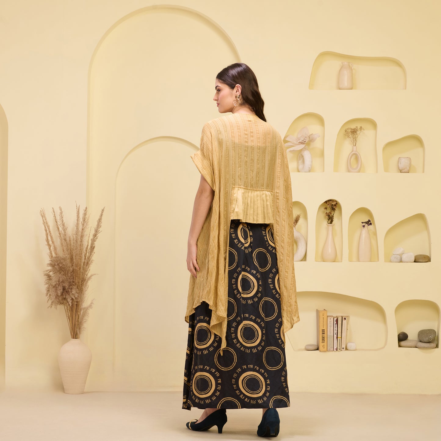 Black and Golden Hand Embroidered Cover-Up and Crop Top with Maa Print Full Length Skirt Set