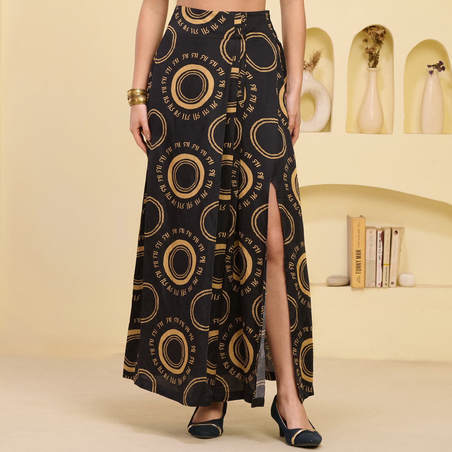 Black and Golden Hand Embroidered Cover-Up and Crop Top with Maa Print Full Length Skirt Set