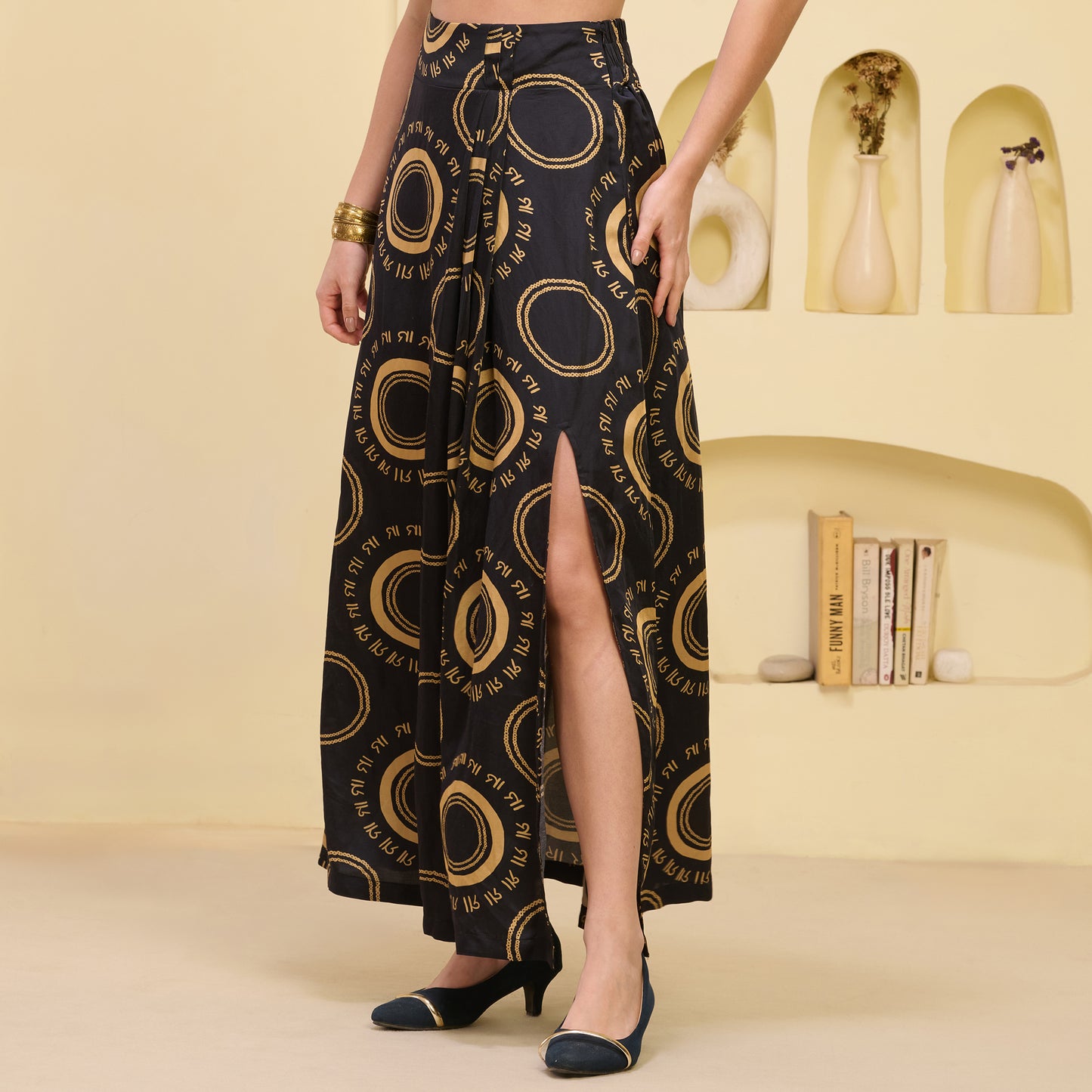 Black and Golden Hand Embroidered Cover-Up and Crop Top with Maa Print Full Length Skirt Set