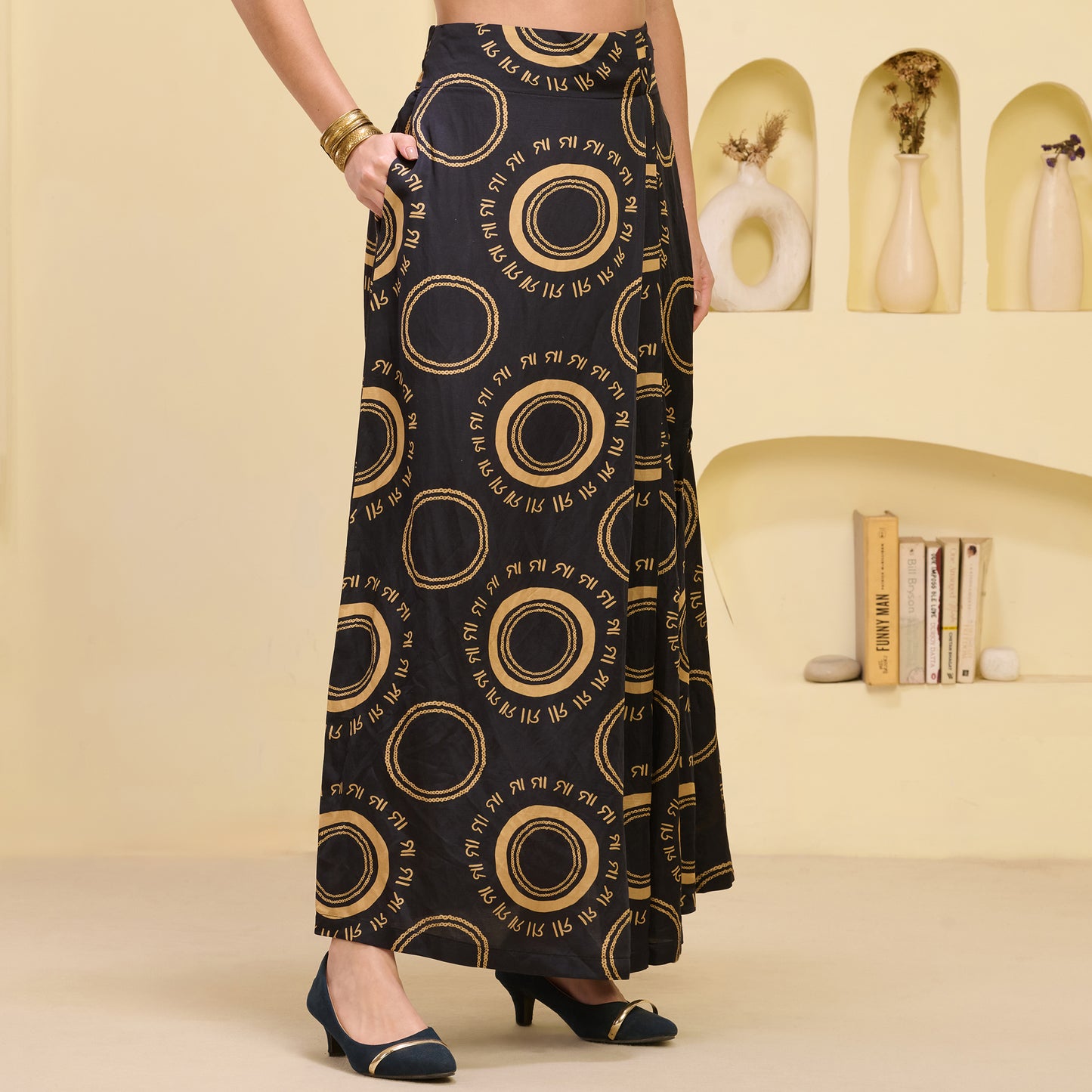 Black and Golden Hand Embroidered Cover-Up and Crop Top with Maa Print Full Length Skirt Set