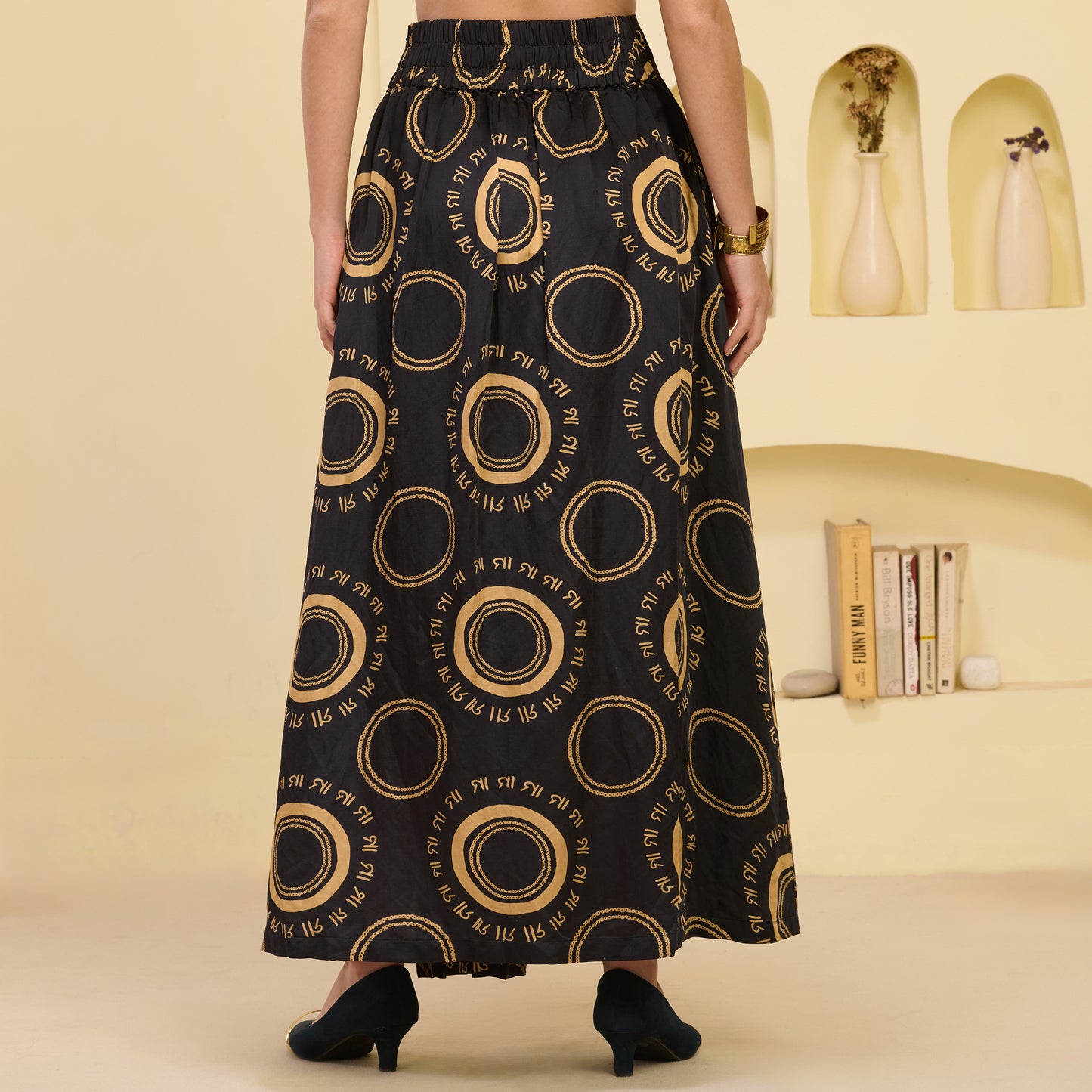 Black and Golden Hand Embroidered Cover-Up and Crop Top with Maa Print Full Length Skirt Set