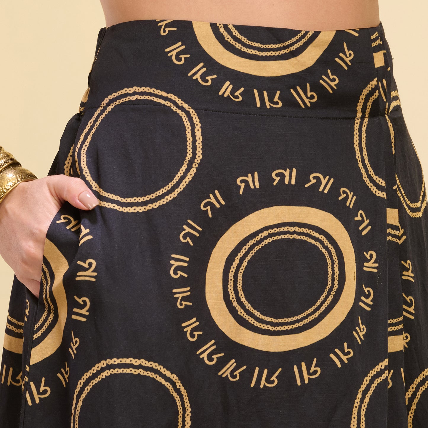 Black and Golden Hand Embroidered Cover-Up and Crop Top with Maa Print Full Length Skirt Set