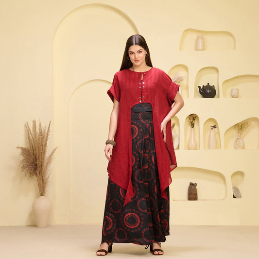 Black and Red Hand Embroidered Cover-Up and Crop Top with Maa Print Full Length Skirt Set