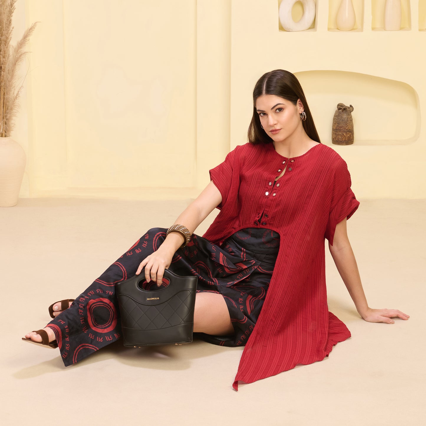 Black and Red Hand Embroidered Cover-Up and Crop Top with Maa Print Full Length Skirt Set