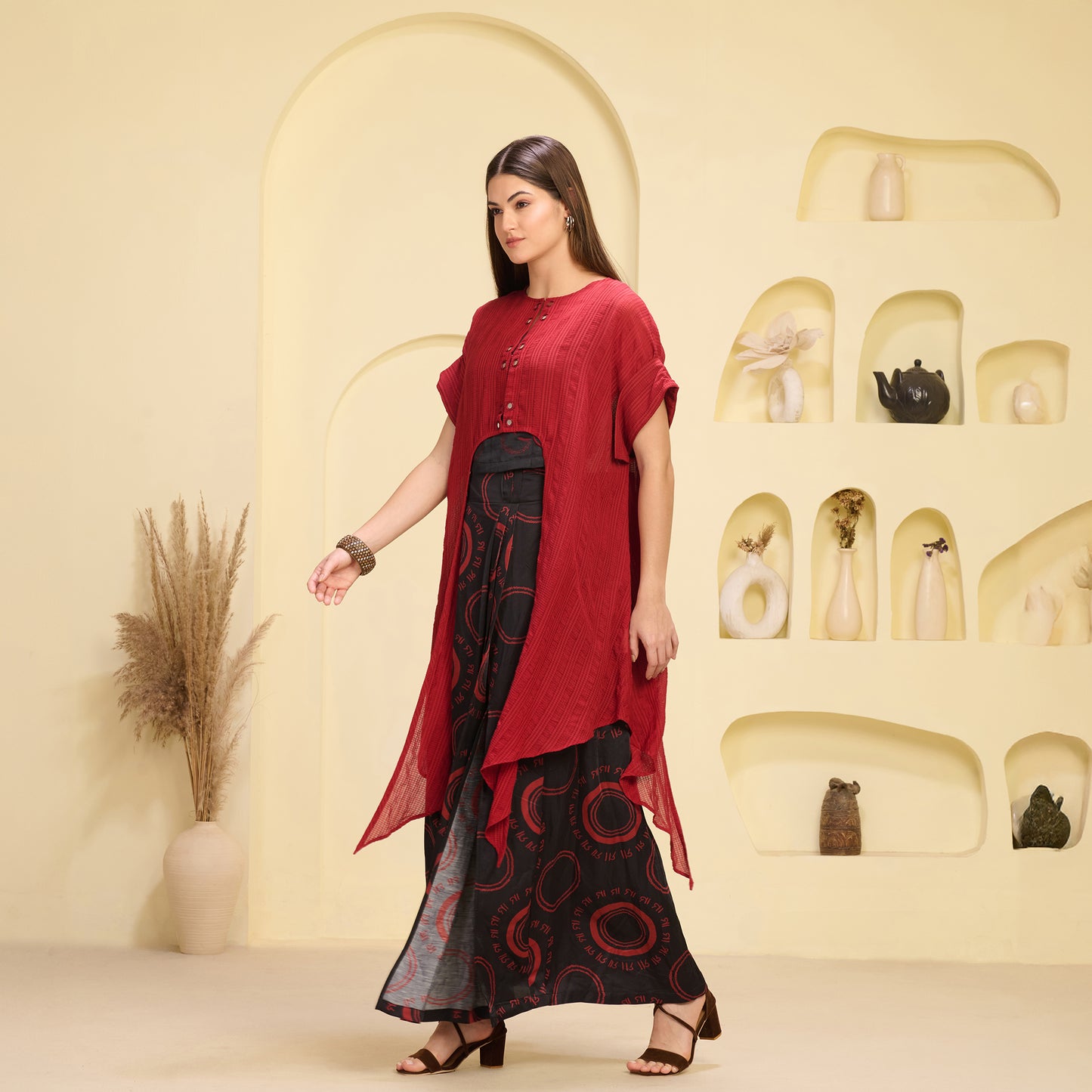 Black and Red Hand Embroidered Cover-Up and Crop Top with Maa Print Full Length Skirt Set