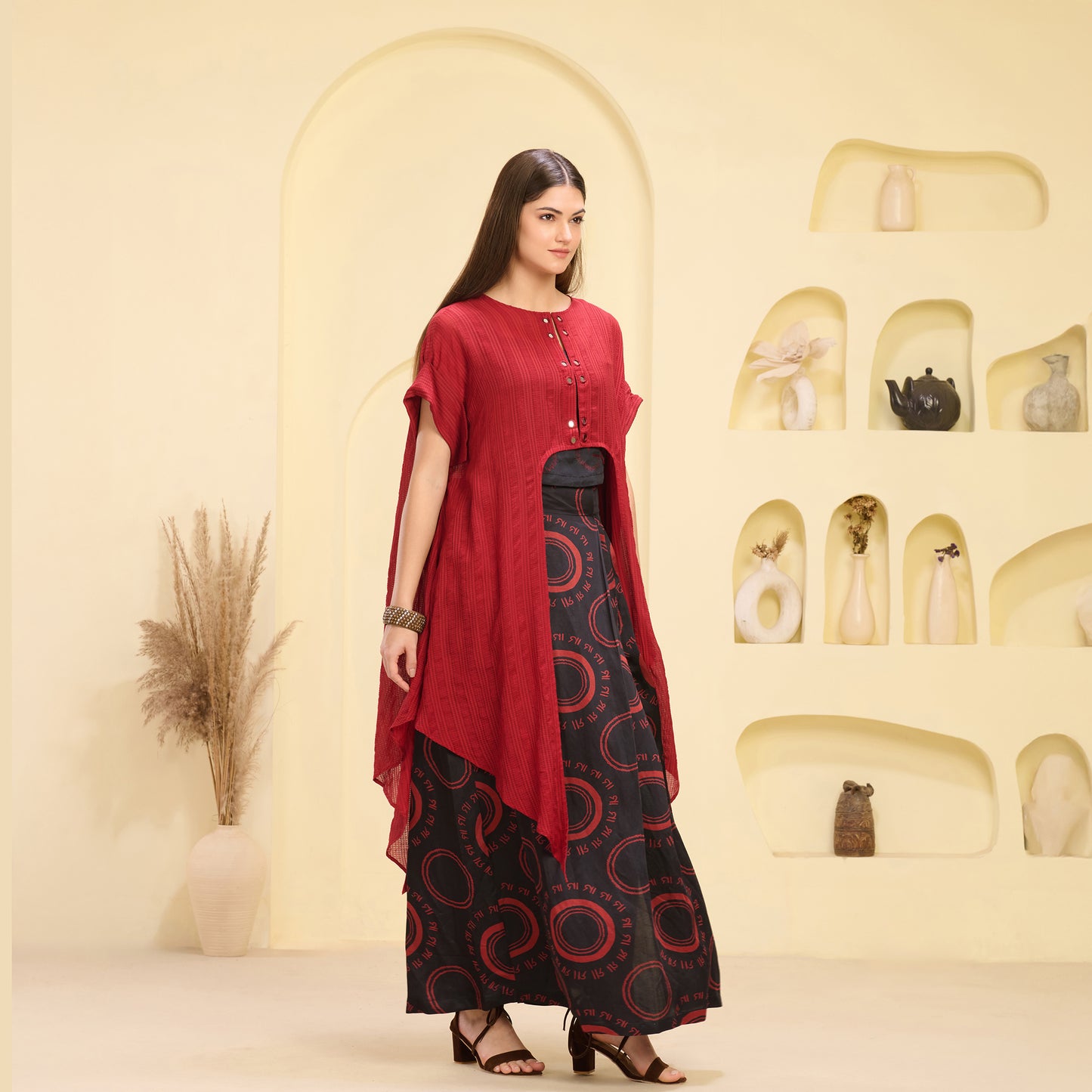 Black and Red Hand Embroidered Cover-Up and Crop Top with Maa Print Full Length Skirt Set