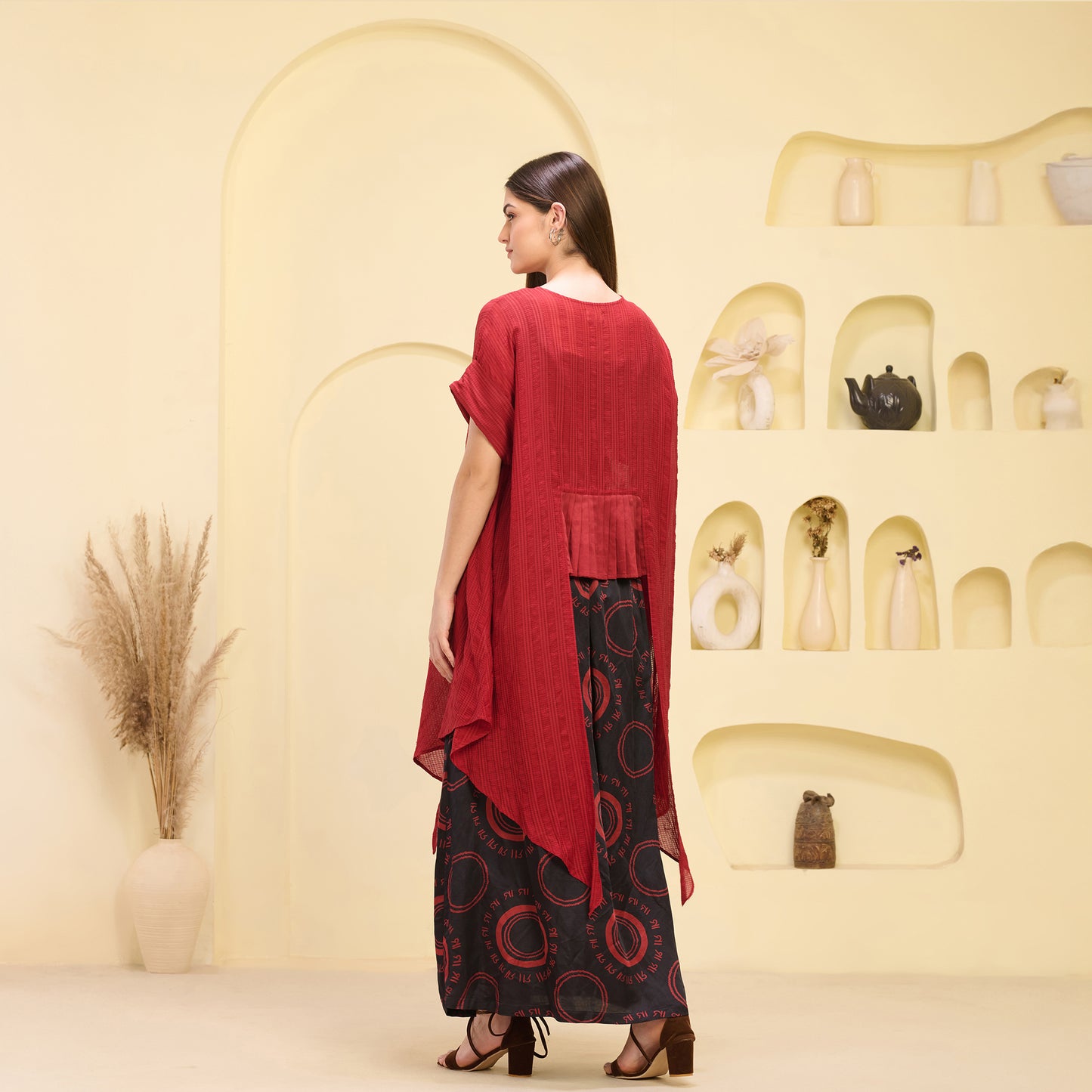 Black and Red Hand Embroidered Cover-Up and Crop Top with Maa Print Full Length Skirt Set