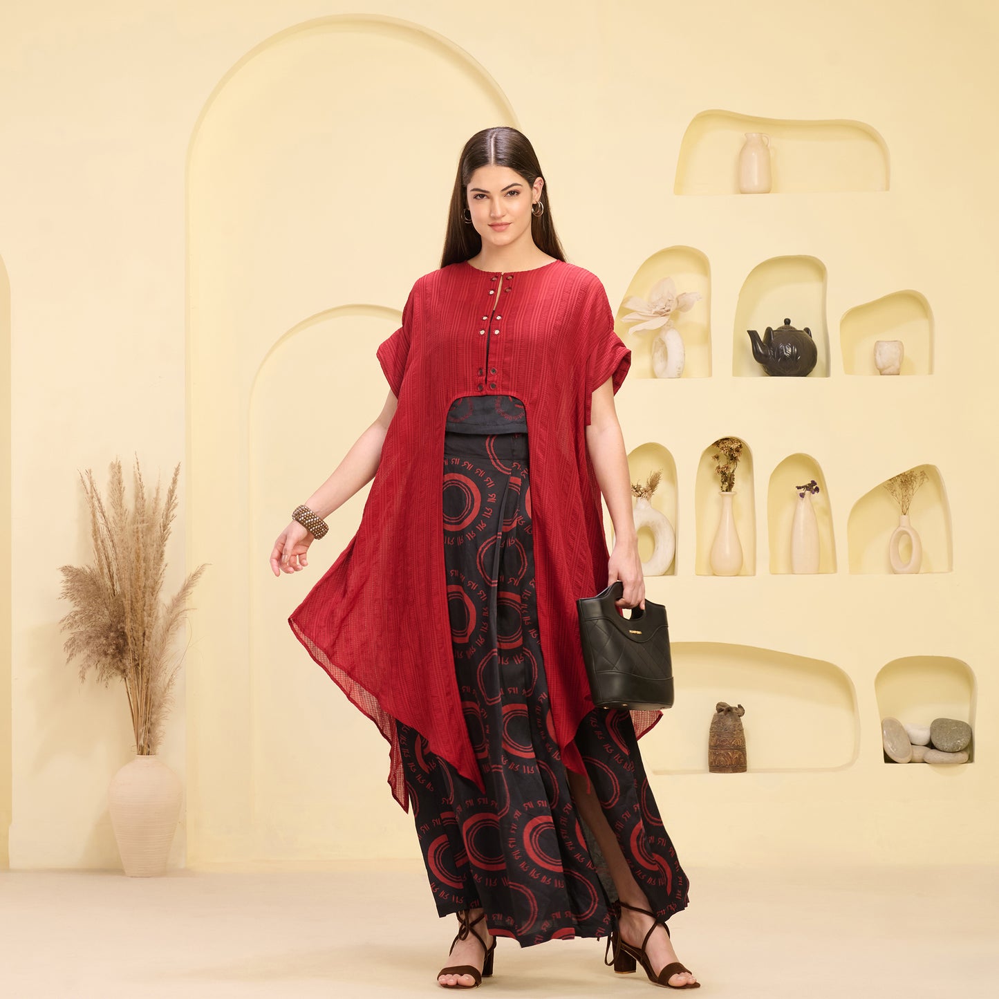 Black and Red Hand Embroidered Cover-Up and Crop Top with Maa Print Full Length Skirt Set