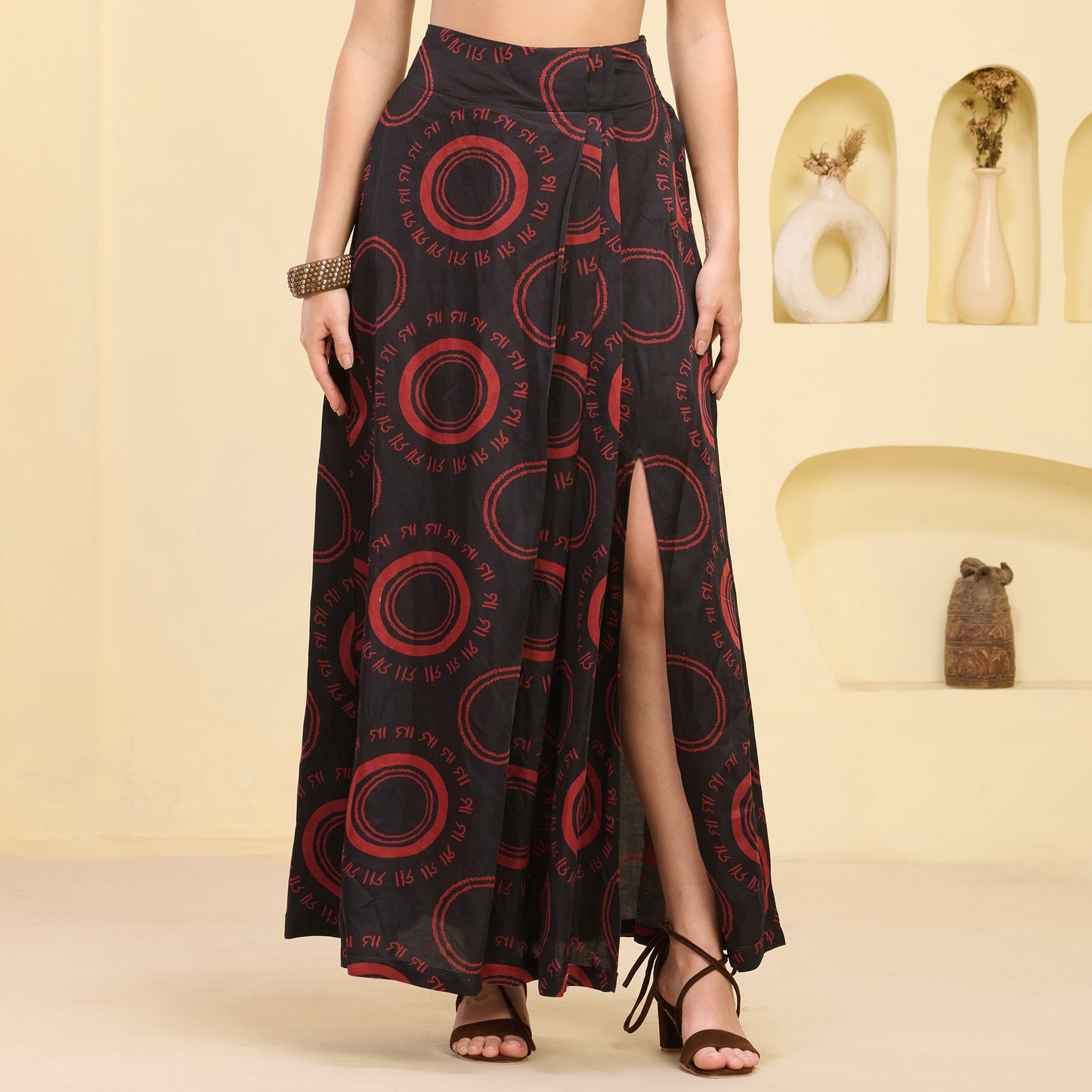 Black and Red Hand Embroidered Cover-Up and Crop Top with Maa Print Full Length Skirt Set