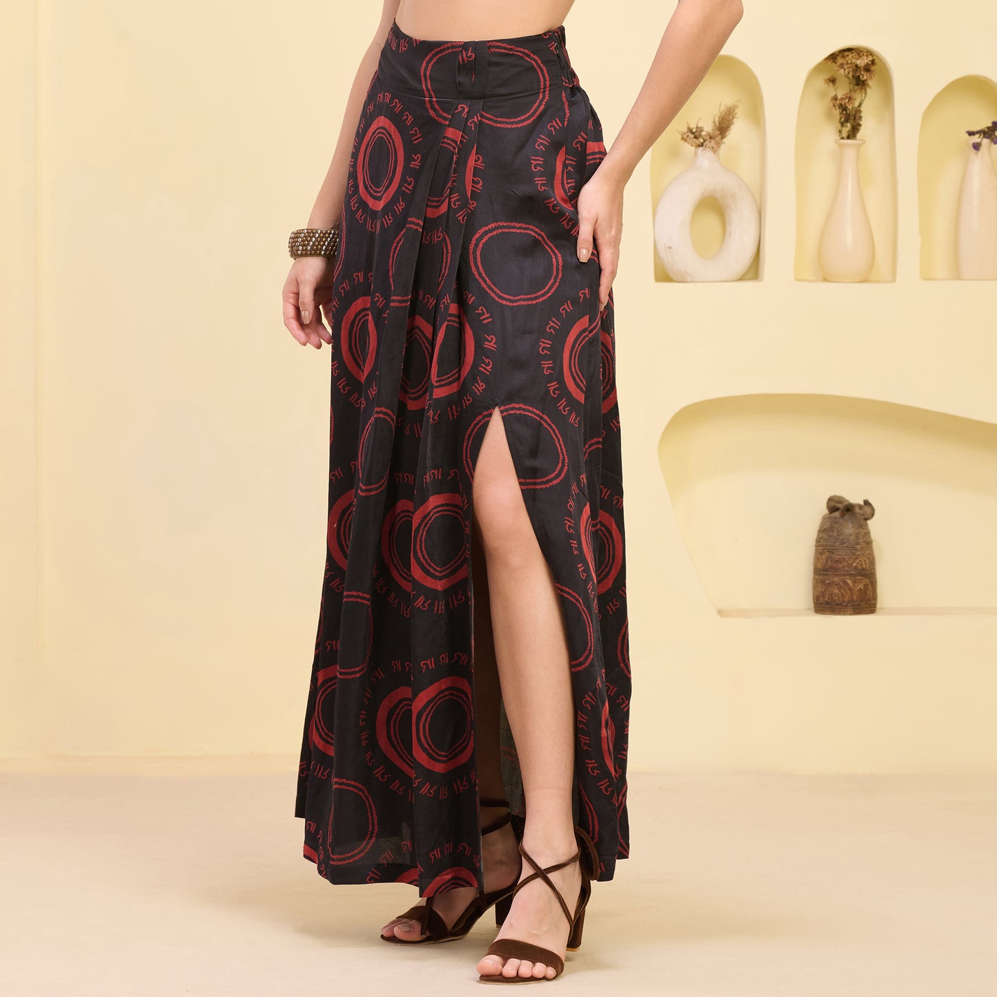 Black and Red Hand Embroidered Cover-Up and Crop Top with Maa Print Full Length Skirt Set