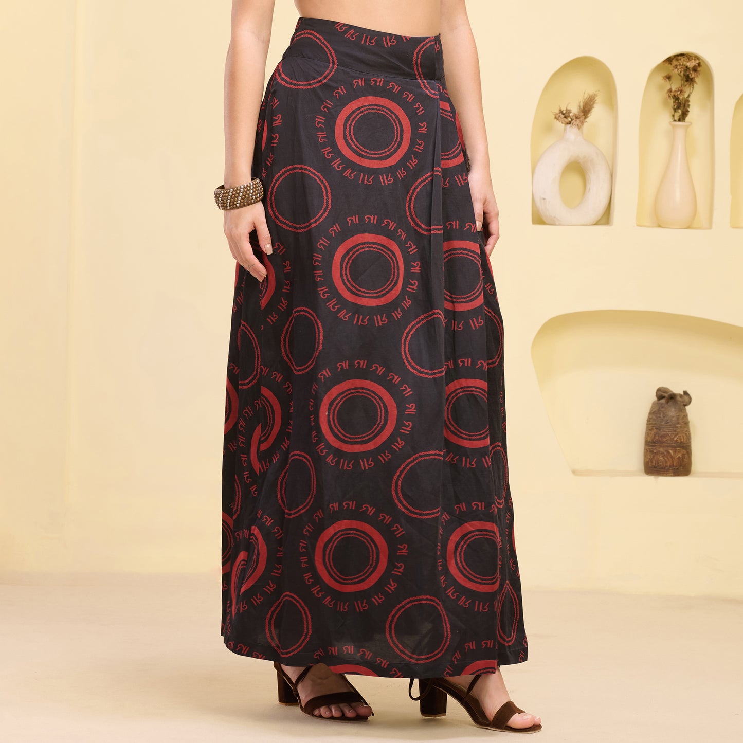 Black and Red Hand Embroidered Cover-Up and Crop Top with Maa Print Full Length Skirt Set