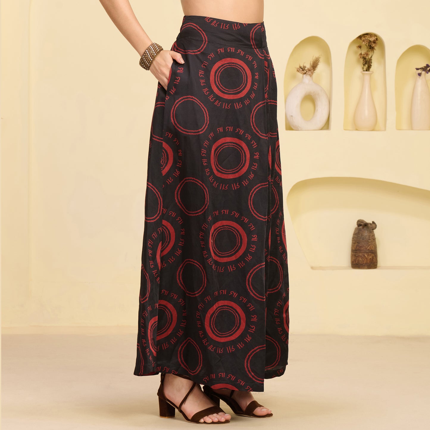 Black and Red Hand Embroidered Cover-Up and Crop Top with Maa Print Full Length Skirt Set