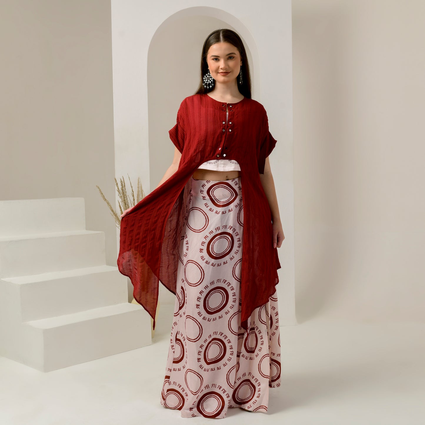 Pink and Red Hand Embroidered Cover-Up and Crop Top with Maa Print Full Length Skirt Set