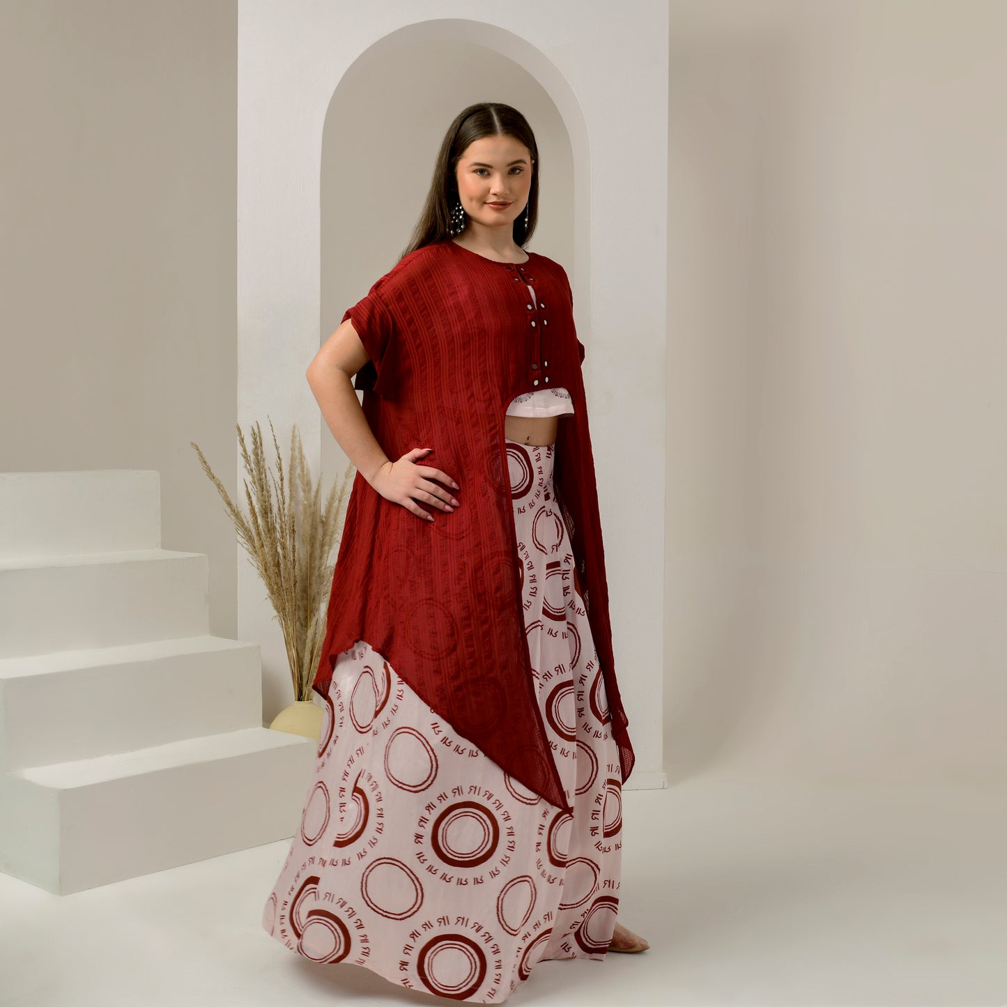 Pink and Red Hand Embroidered Cover-Up and Crop Top with Maa Print Full Length Skirt Set