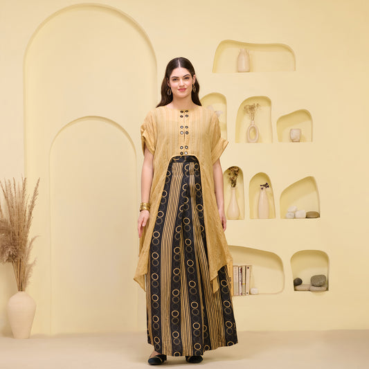 Black and Golden Hand Embroidered Cover-Up and Crop Top with Powerful Stripe Print Full Length Skirt Set