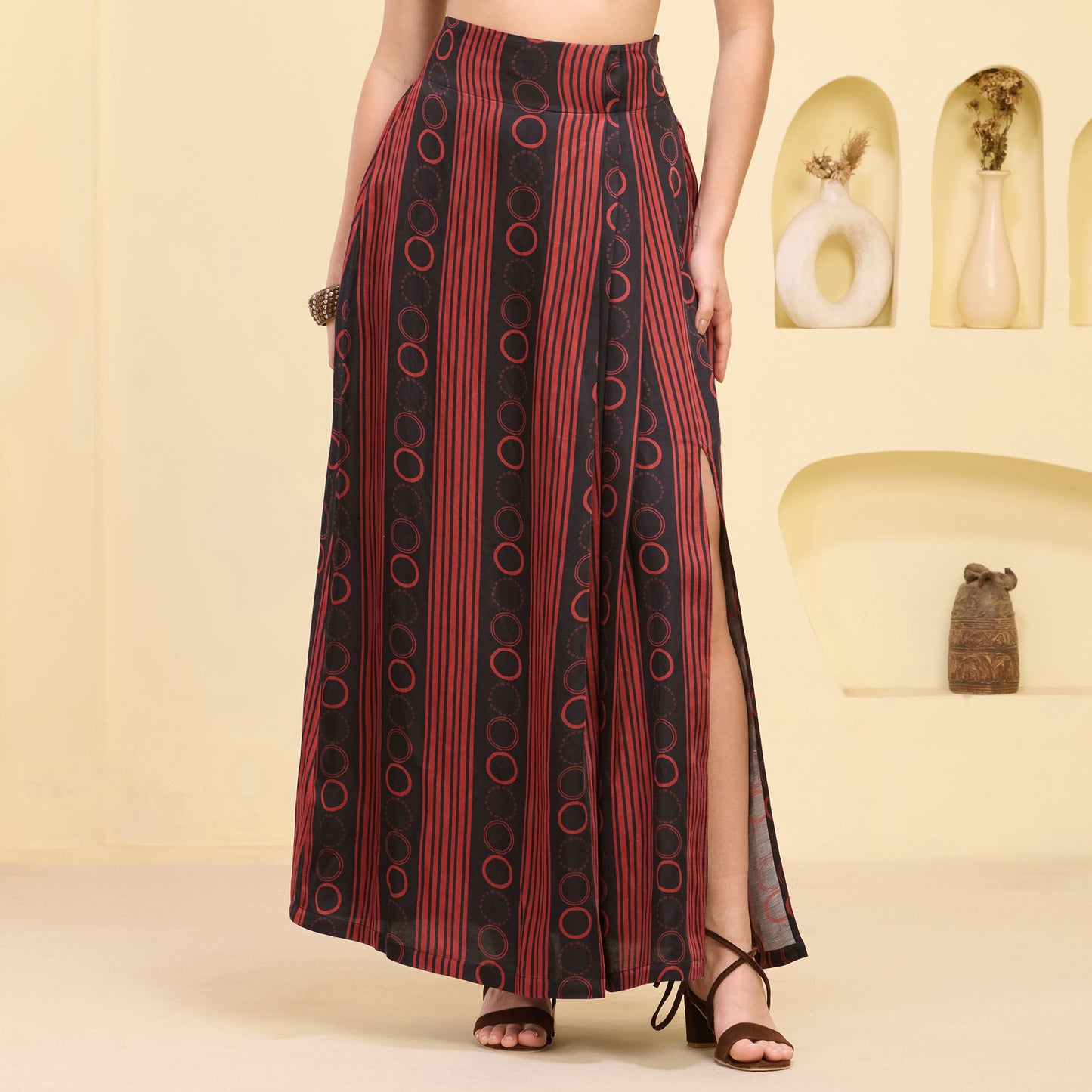 Black and Red Hand Embroidered Cover-Up and Crop Top with Powerful Stripe Print Full Length Skirt Set