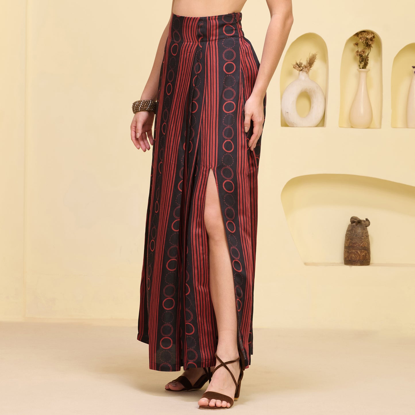 Black and Red Hand Embroidered Cover-Up and Crop Top with Powerful Stripe Print Full Length Skirt Set