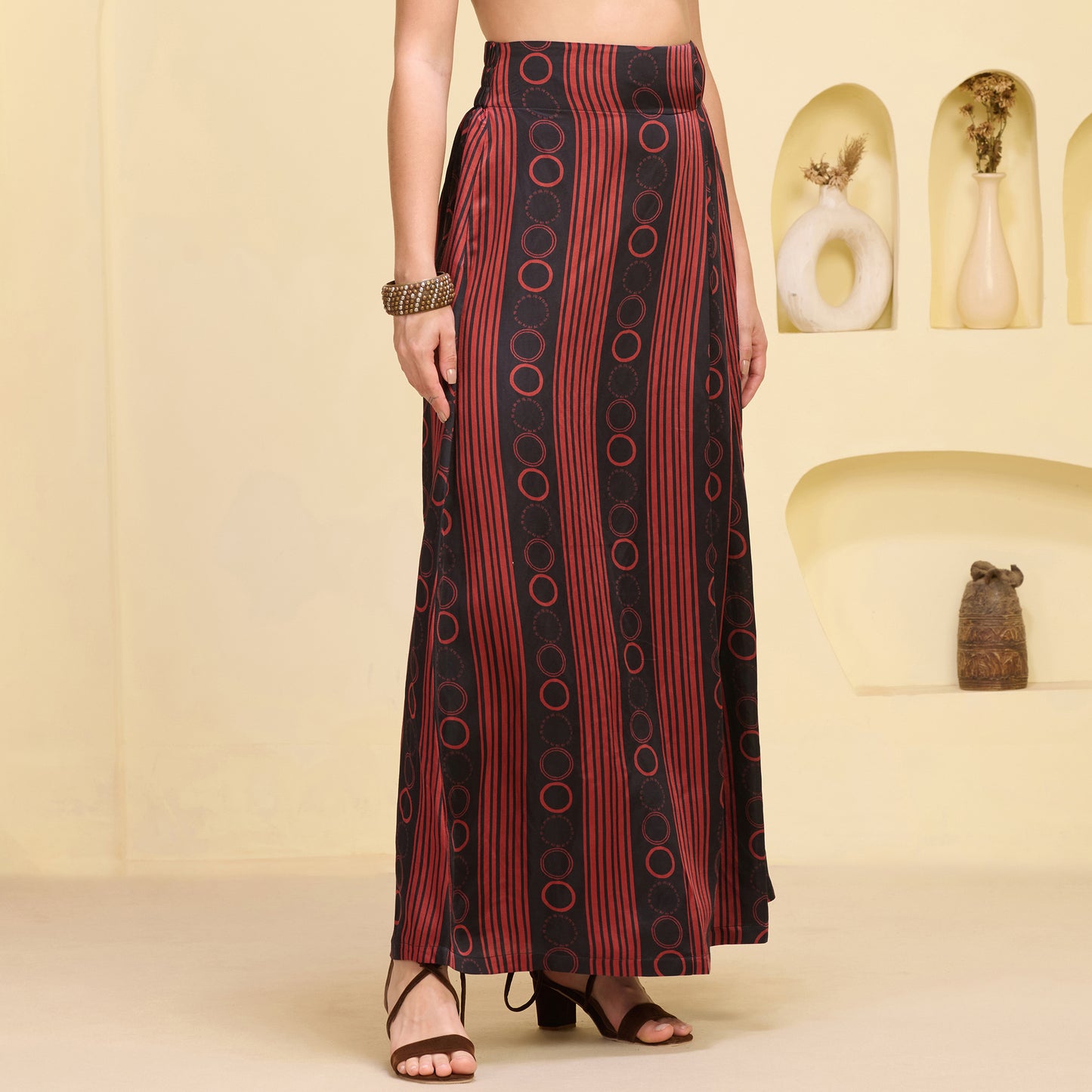 Black and Red Hand Embroidered Cover-Up and Crop Top with Powerful Stripe Print Full Length Skirt Set