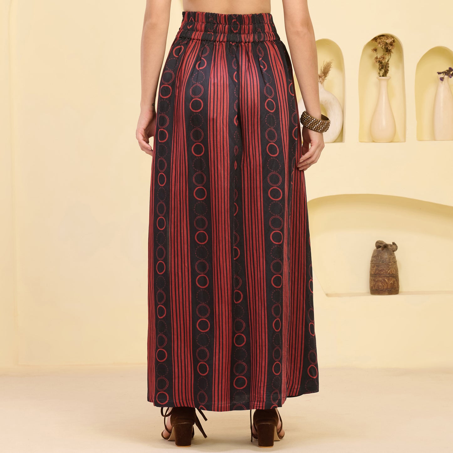 Black and Red Hand Embroidered Cover-Up and Crop Top with Powerful Stripe Print Full Length Skirt Set