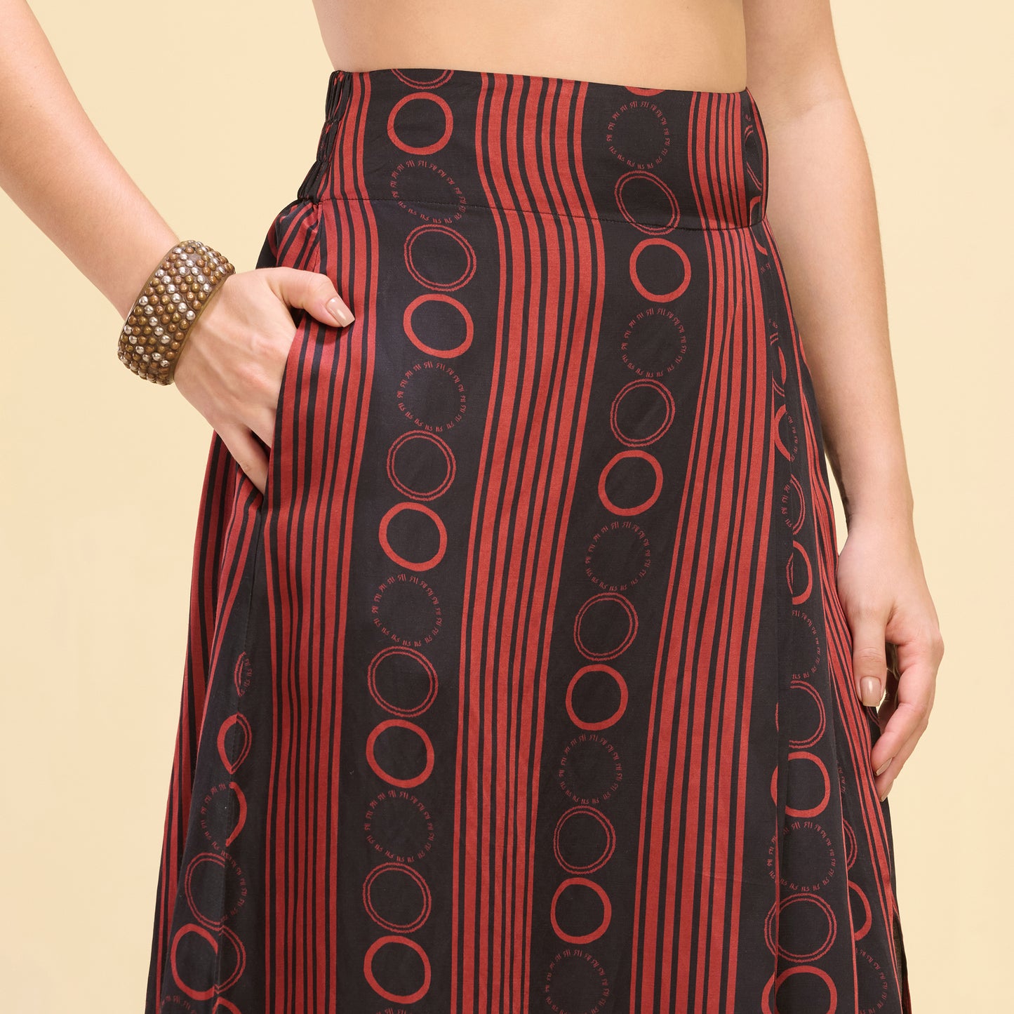 Black and Red Hand Embroidered Cover-Up and Crop Top with Powerful Stripe Print Full Length Skirt Set