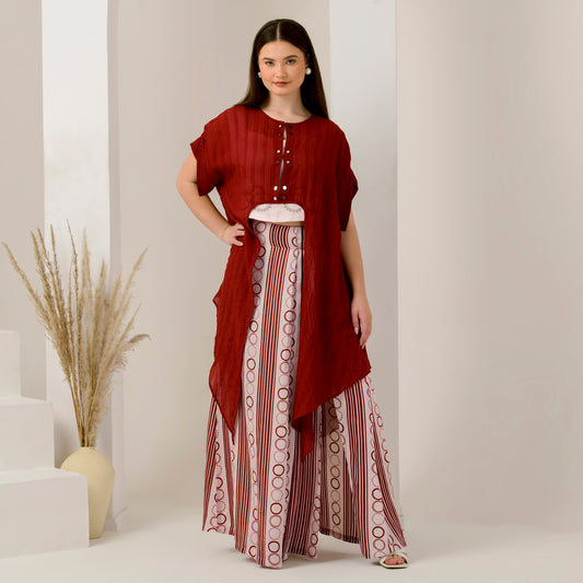 Pink and Red Hand Embroidered Cover-Up and Crop Top with Powerful Stripe Print Full Length Skirt Set