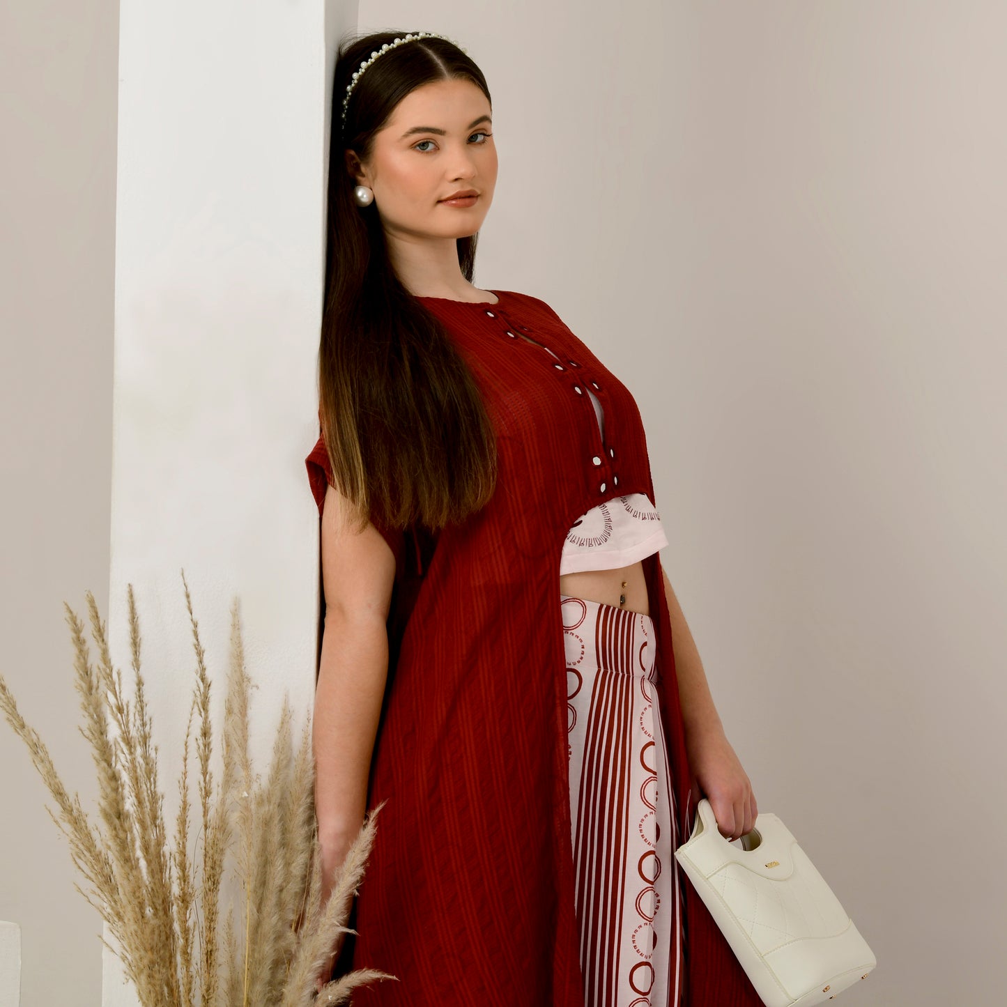 Pink and Red Hand Embroidered Cover-Up and Crop Top with Powerful Stripe Print Full Length Skirt Set