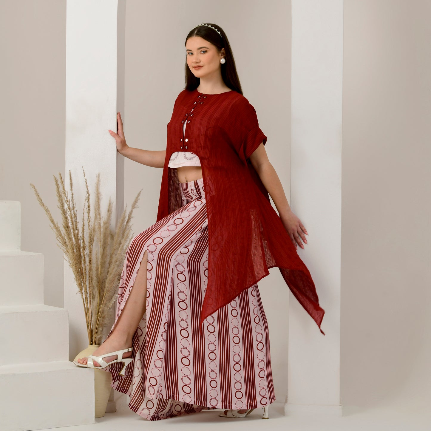 Pink and Red Hand Embroidered Cover-Up and Crop Top with Powerful Stripe Print Full Length Skirt Set