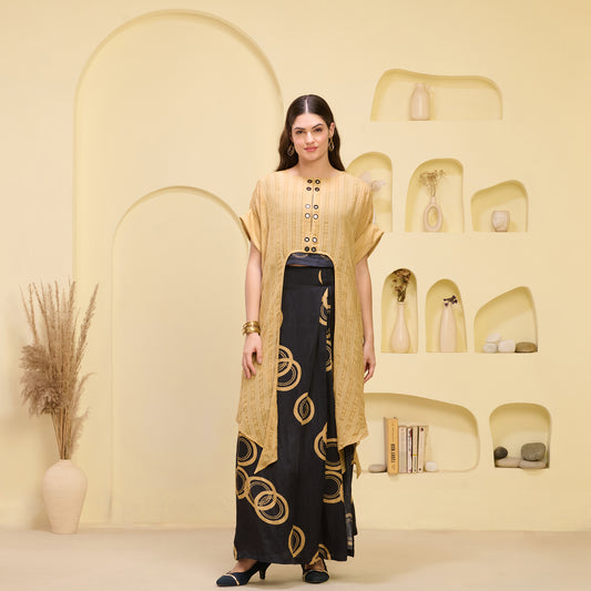 Black and Golden Hand Embroidered Cover-Up and Crop Top with Powerful Print Full Length Skirt Set