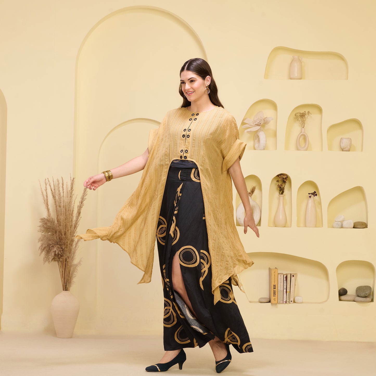 Black and Golden Hand Embroidered Cover-Up and Crop Top with Powerful Print Full Length Skirt Set