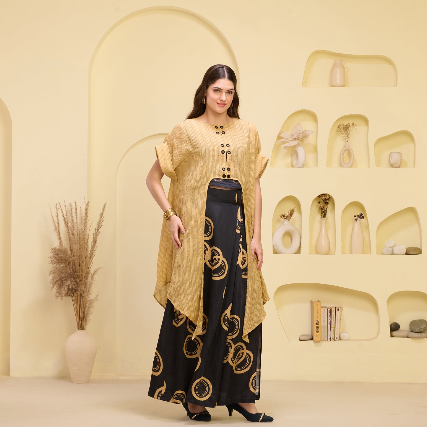 Black and Golden Hand Embroidered Cover-Up and Crop Top with Powerful Print Full Length Skirt Set