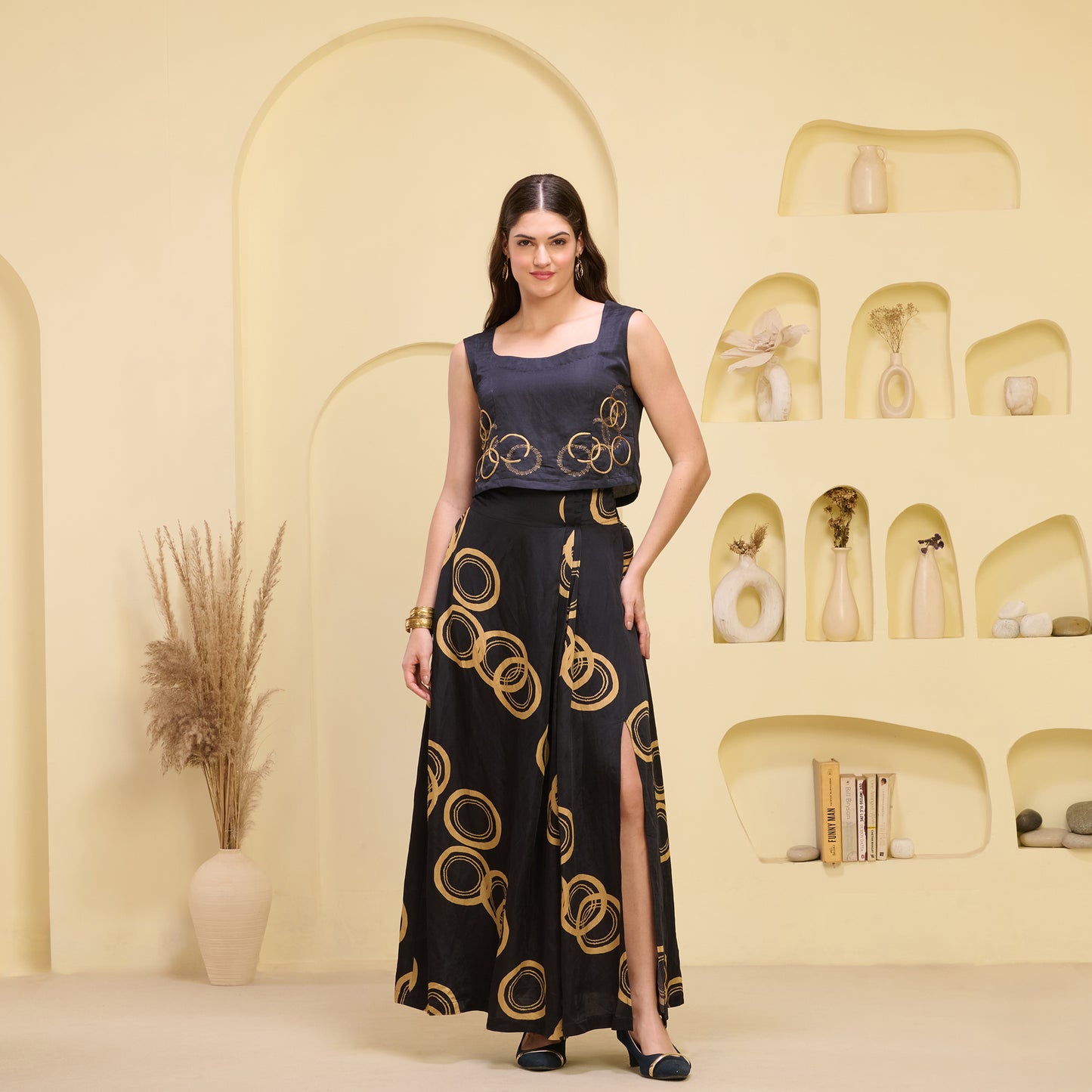 Black and Golden Hand Embroidered Cover-Up and Crop Top with Powerful Print Full Length Skirt Set