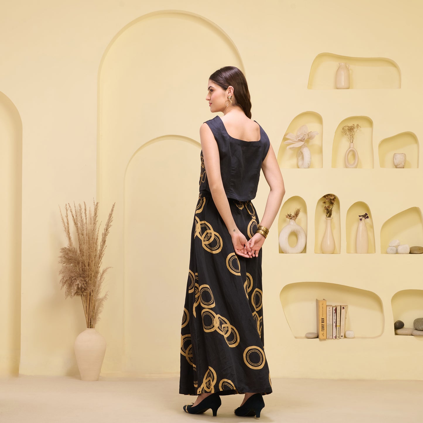 Black and Golden Hand Embroidered Cover-Up and Crop Top with Powerful Print Full Length Skirt Set