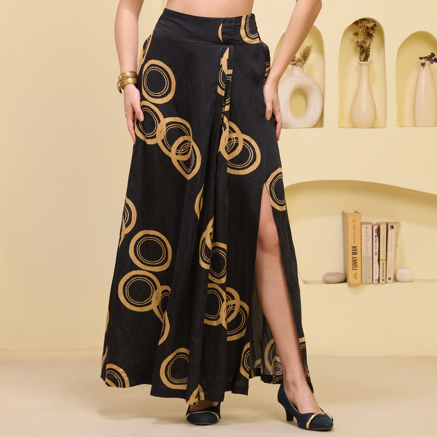 Black and Golden Hand Embroidered Cover-Up and Crop Top with Powerful Print Full Length Skirt Set