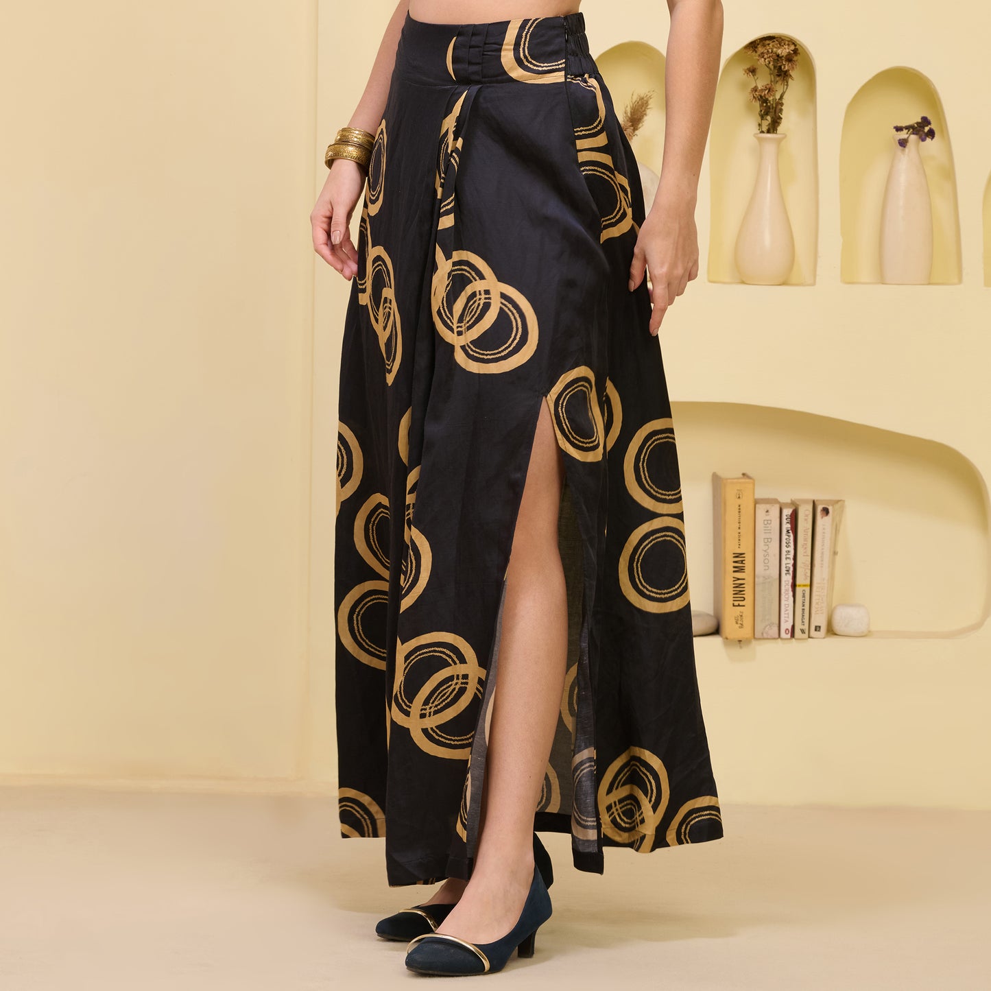 Black and Golden Hand Embroidered Cover-Up and Crop Top with Powerful Print Full Length Skirt Set