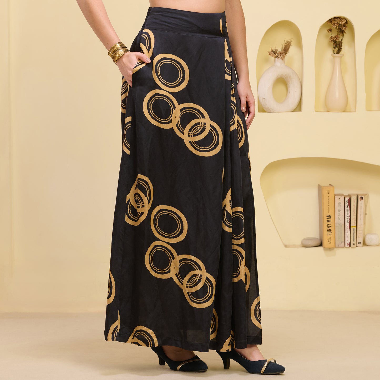 Black and Golden Hand Embroidered Cover-Up and Crop Top with Powerful Print Full Length Skirt Set