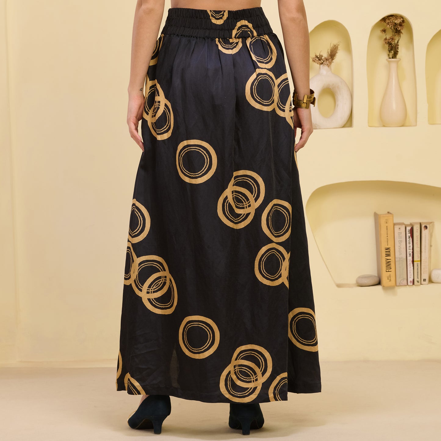 Black and Golden Hand Embroidered Cover-Up and Crop Top with Powerful Print Full Length Skirt Set