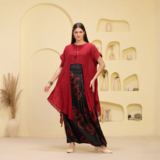 Black and Red Hand Embroidered Cover-Up and Crop Top with Powerful Print Full Length Skirt Set