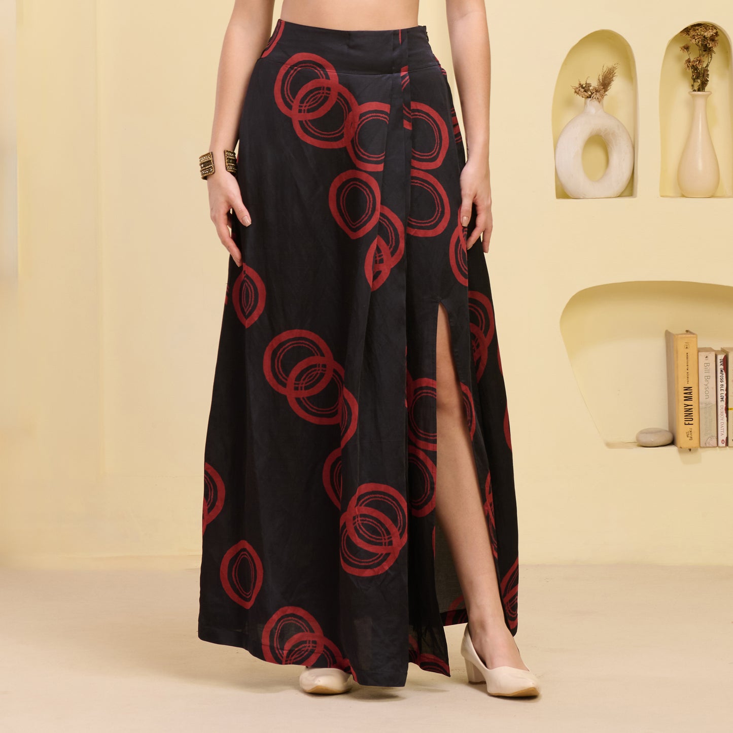 Black and Red Hand Embroidered Cover-Up and Crop Top with Powerful Print Full Length Skirt Set