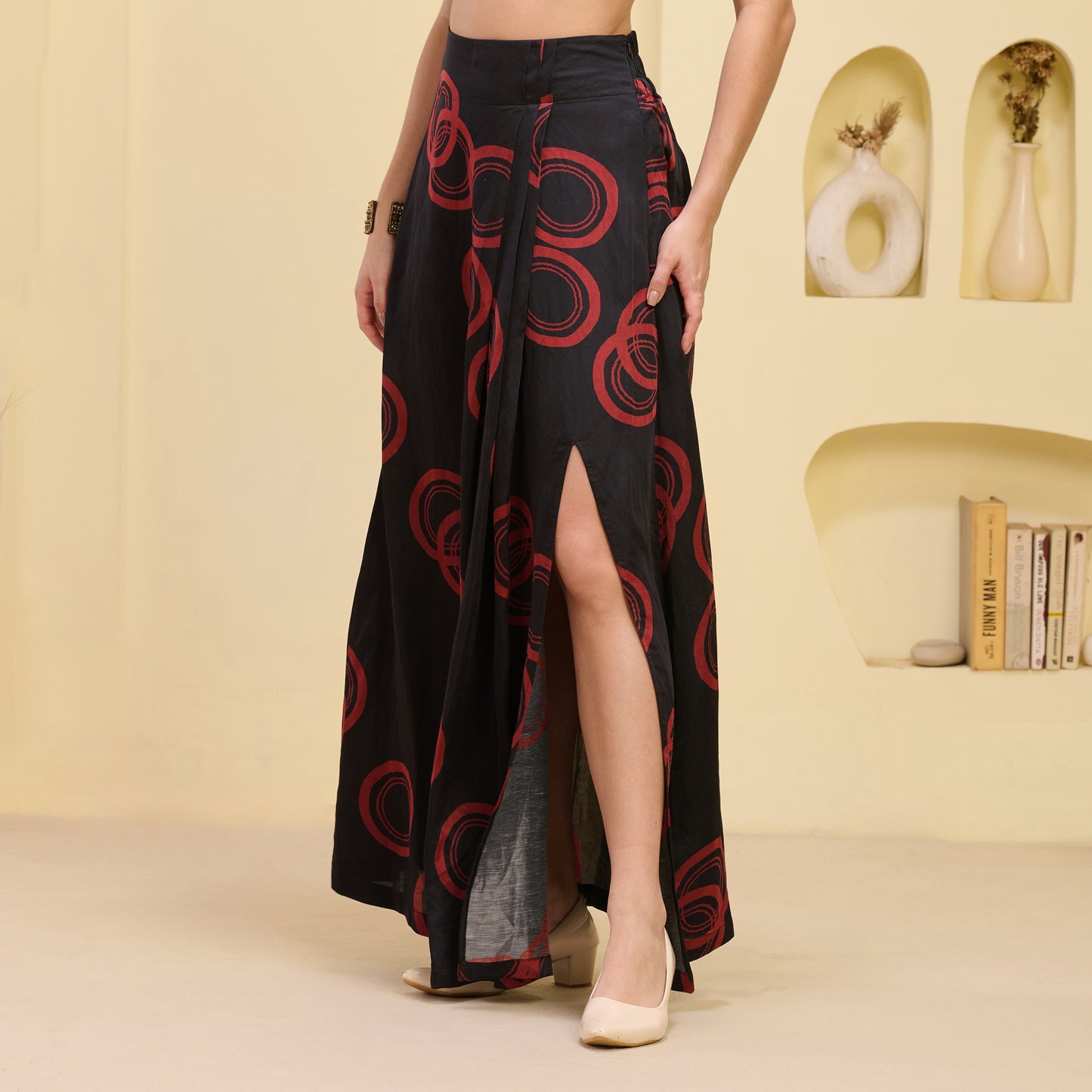 Black and Red Hand Embroidered Cover-Up and Crop Top with Powerful Print Full Length Skirt Set