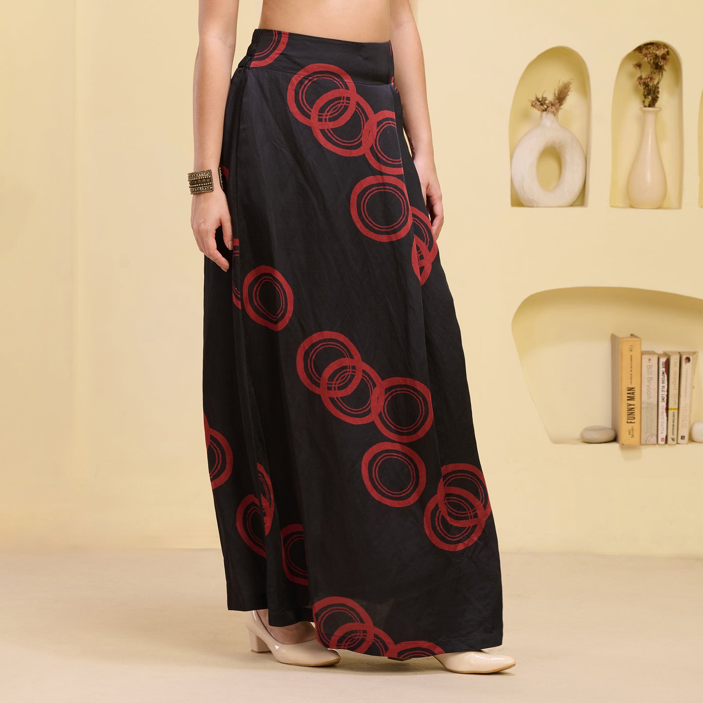 Black and Red Hand Embroidered Cover-Up and Crop Top with Powerful Print Full Length Skirt Set