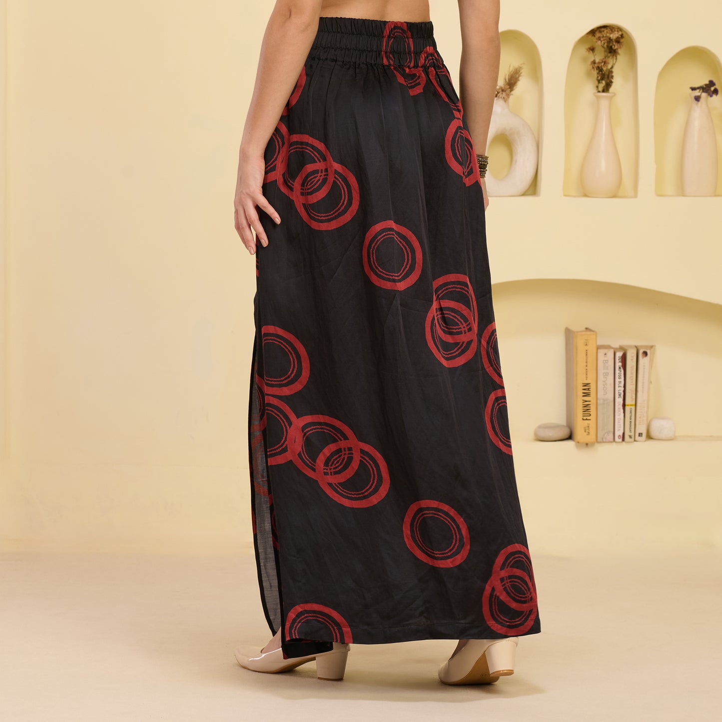 Black and Red Hand Embroidered Cover-Up and Crop Top with Powerful Print Full Length Skirt Set