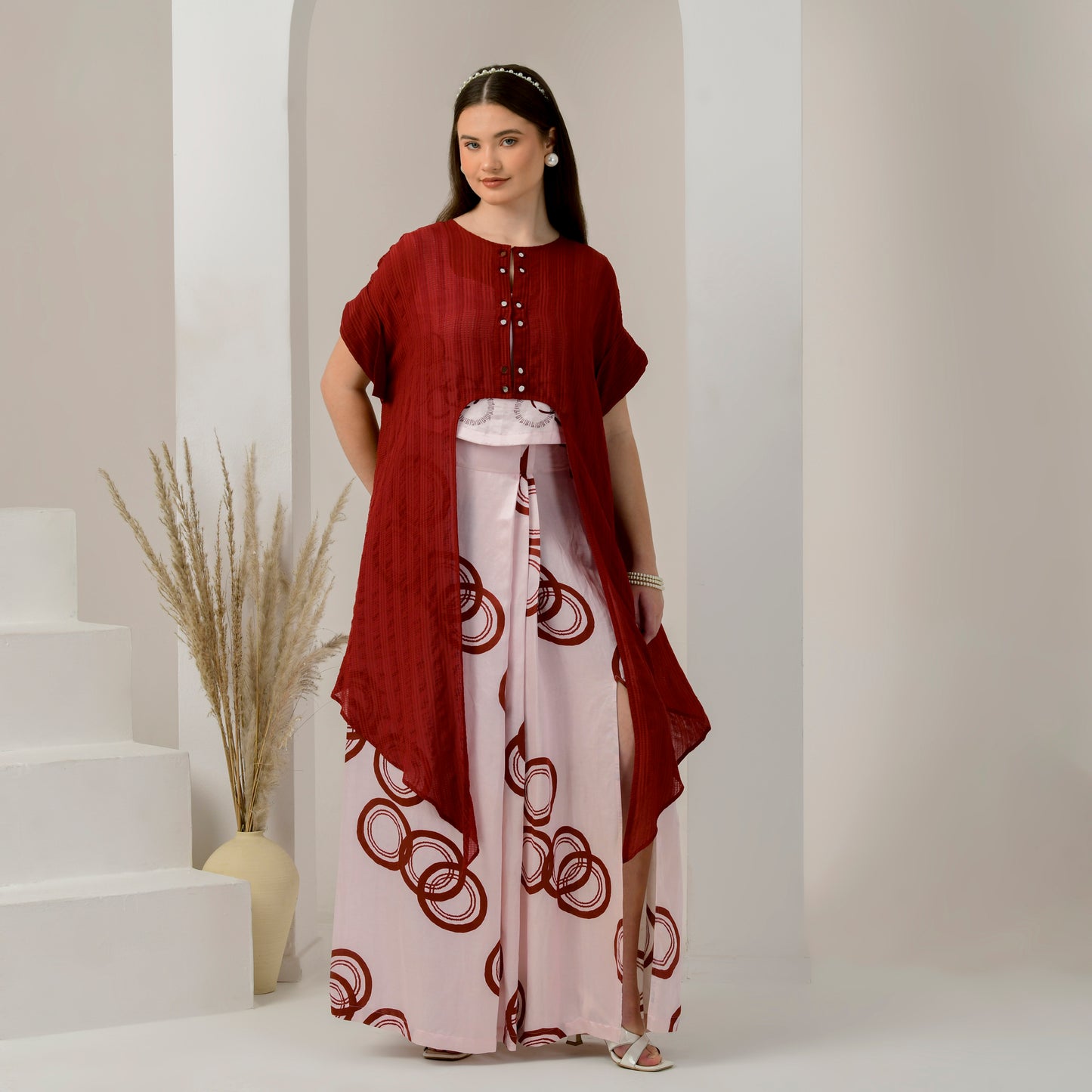 Pink and Red Hand Embroidered Cover-Up and Crop Top with Powerful Print Full Length Skirt Set