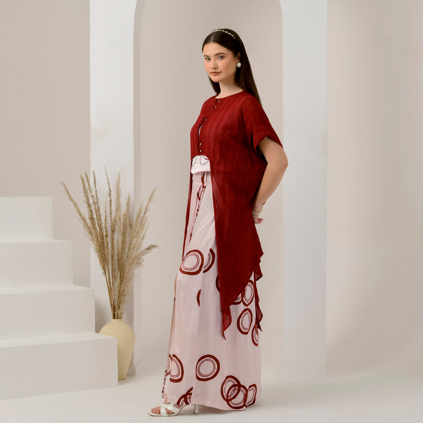 Pink and Red Hand Embroidered Cover-Up and Crop Top with Powerful Print Full Length Skirt Set